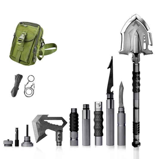 29-in-1 Unbreakable Martensitic Steel Tactical Shovel - Outdoor Multitool Camping Kit with Axe & Folding Shovel